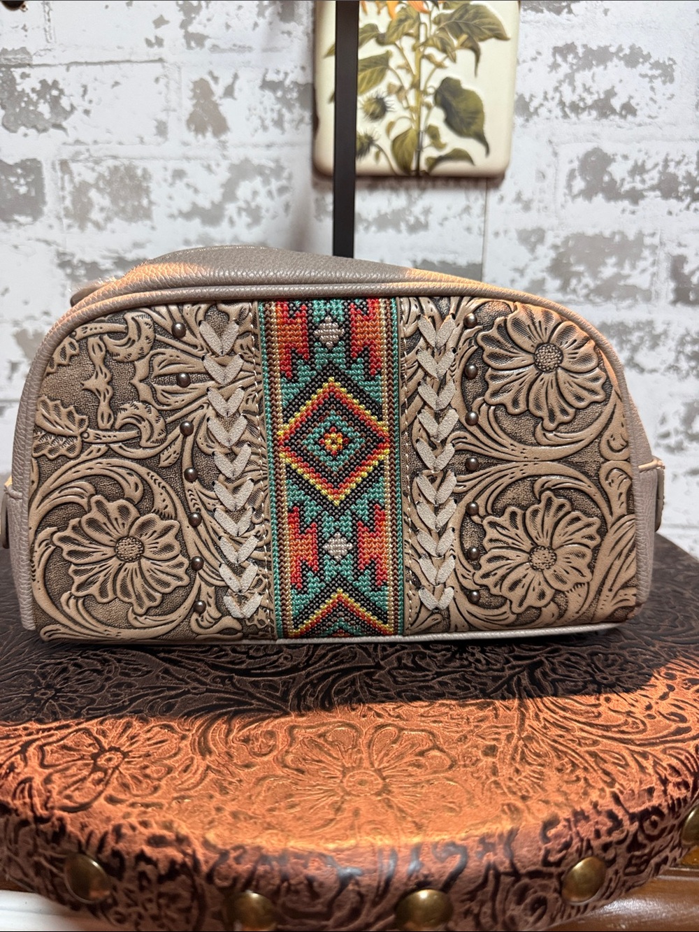 Montana West Tan Floral Tooled Cosmetic Bag with Turquoise & Coral Beaded Accent